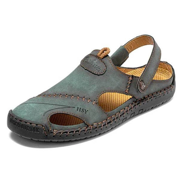 Kaegreel Men's Summer Hand Stitching Soft Outdoor Closed Toe Leather Beach Sandals Slippers