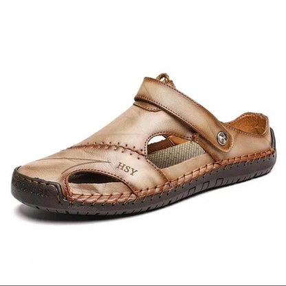 Kaegreel Men's Summer Hand Stitching Soft Outdoor Closed Toe Leather Beach Sandals Slippers