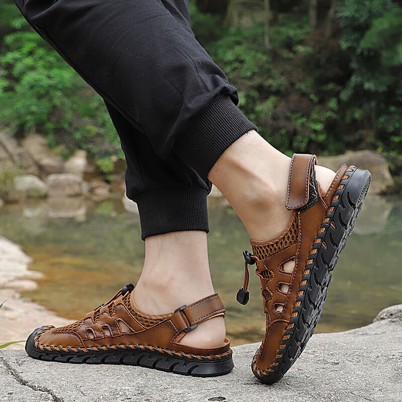 Kaegreel Men's Rubber Toe Cap Leather Handmade Breathable Water Sandals