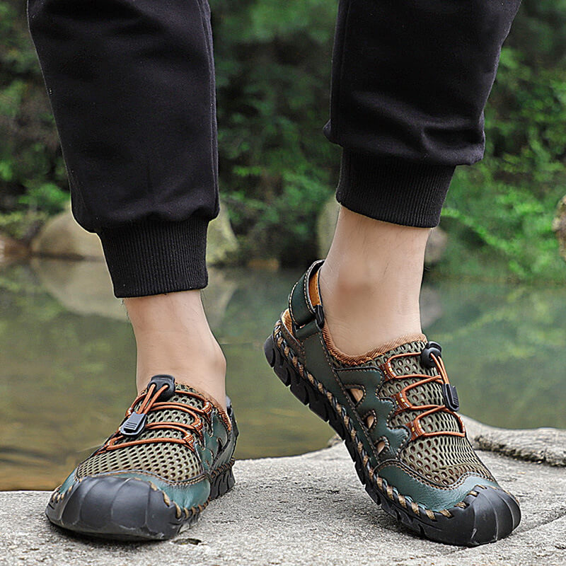 Kaegreel Men's Rubber Toe Cap Leather Handmade Breathable Water Sandals