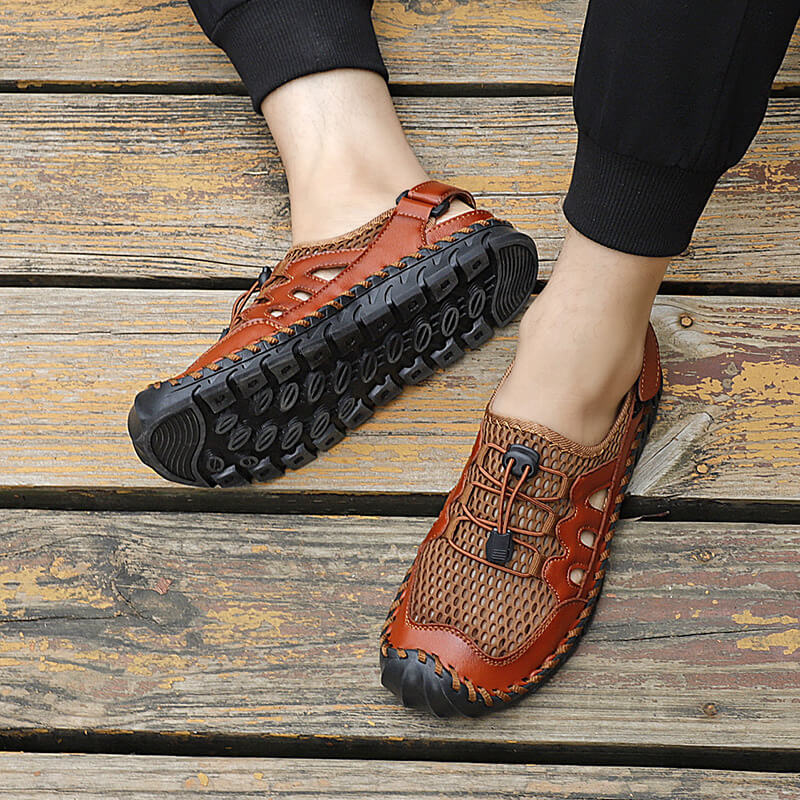Kaegreel Men's Rubber Toe Cap Leather Handmade Breathable Water Sandals
