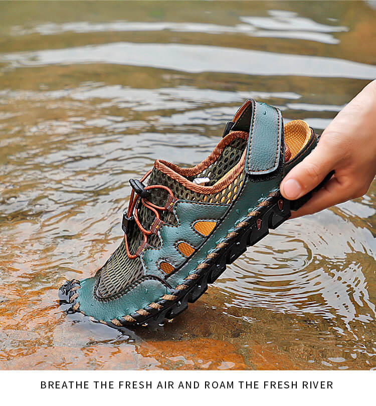 Kaegreel Men's Rubber Toe Cap Leather Handmade Breathable Water Sandals