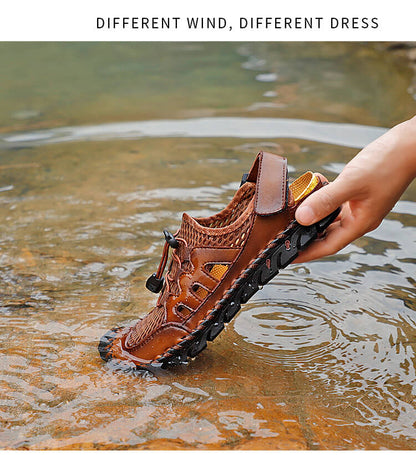 Kaegreel Men's Rubber Toe Cap Leather Handmade Breathable Water Sandals