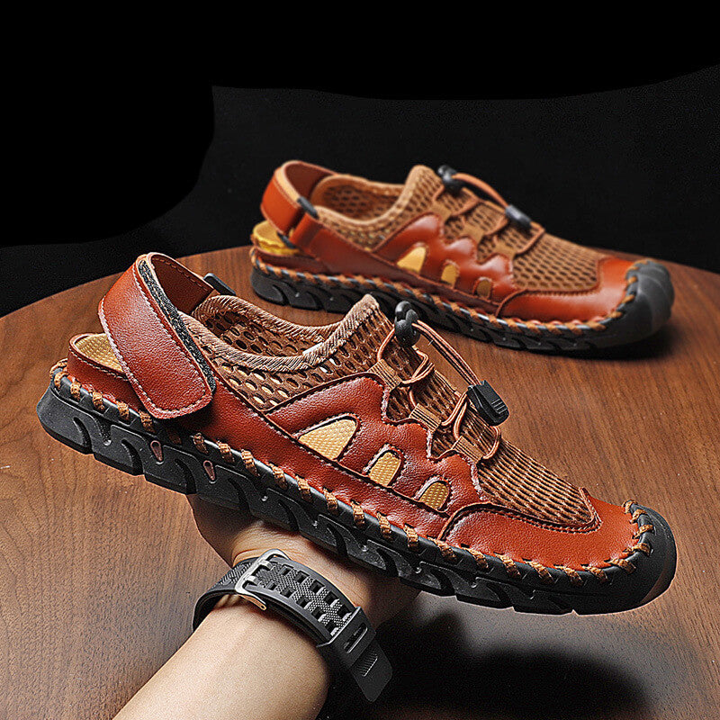 Kaegreel Men's Rubber Toe Cap Leather Handmade Breathable Water Sandals