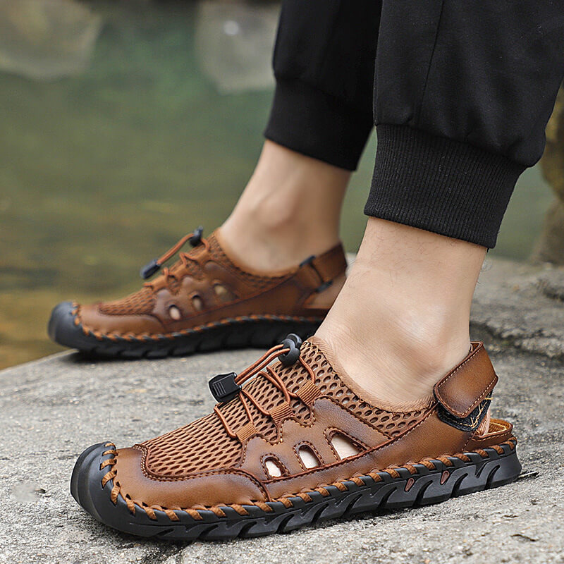 Kaegreel Men's Rubber Toe Cap Leather Handmade Breathable Water Sandals