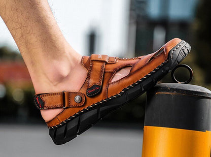 Kaegreel Men's Genuine Leather Non Slip Hand Stitching Soft Sole Casual Sandals