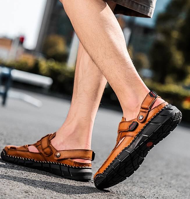 Kaegreel Men's Genuine Leather Non Slip Hand Stitching Soft Sole Casual Sandals
