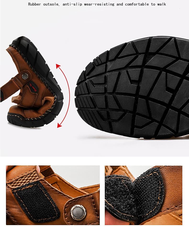 Kaegreel Men's Genuine Leather Non Slip Hand Stitching Soft Sole Casual Sandals