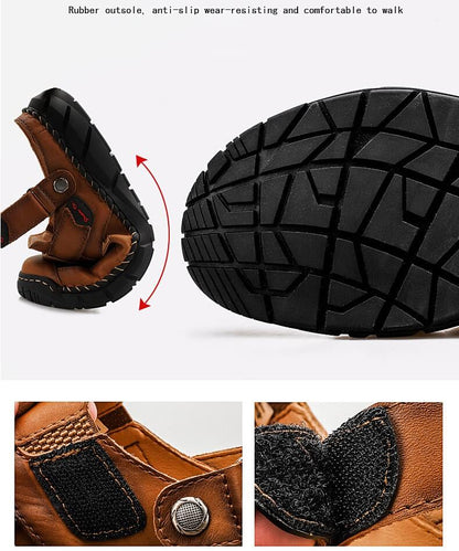 Kaegreel Men's Genuine Leather Non Slip Hand Stitching Soft Sole Casual Sandals