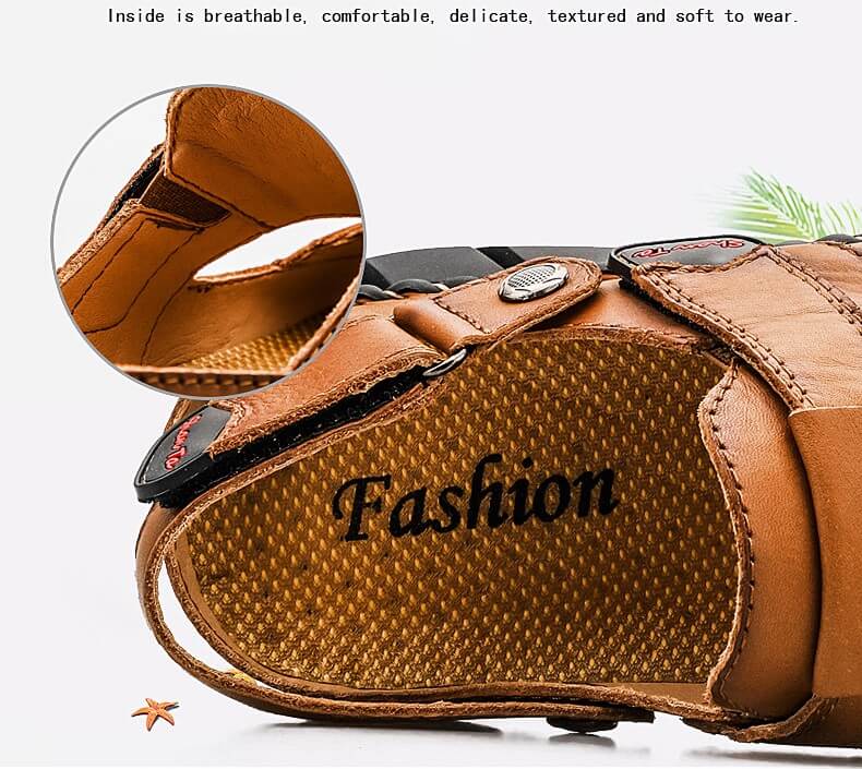 Kaegreel Men's Genuine Leather Non Slip Hand Stitching Soft Sole Casual Sandals
