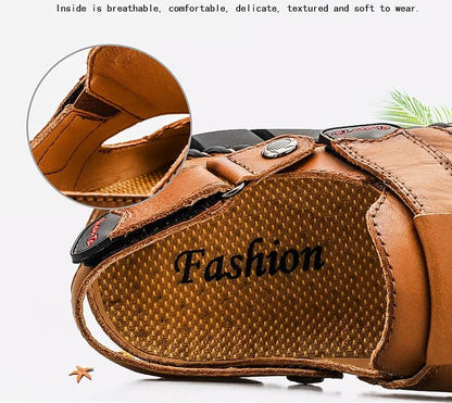 Kaegreel Men's Genuine Leather Non Slip Hand Stitching Soft Sole Casual Sandals