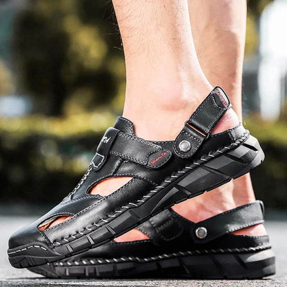 Kaegreel Herren Echtes Leder Rutschfeste Hand Nähte Weiche Sohle Casual Sandalen