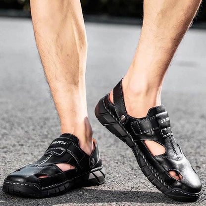 Kaegreel Herren Echtes Leder Rutschfeste Hand Nähte Weiche Sohle Casual Sandalen