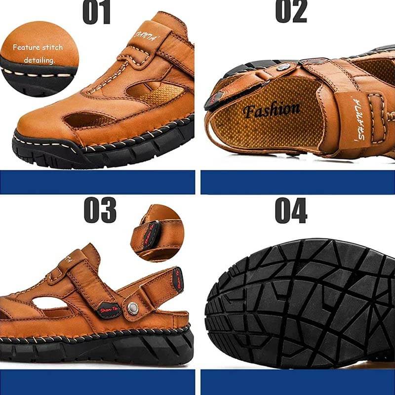 Kaegreel Herren Echtes Leder Rutschfeste Hand Nähte Weiche Sohle Casual Sandalen