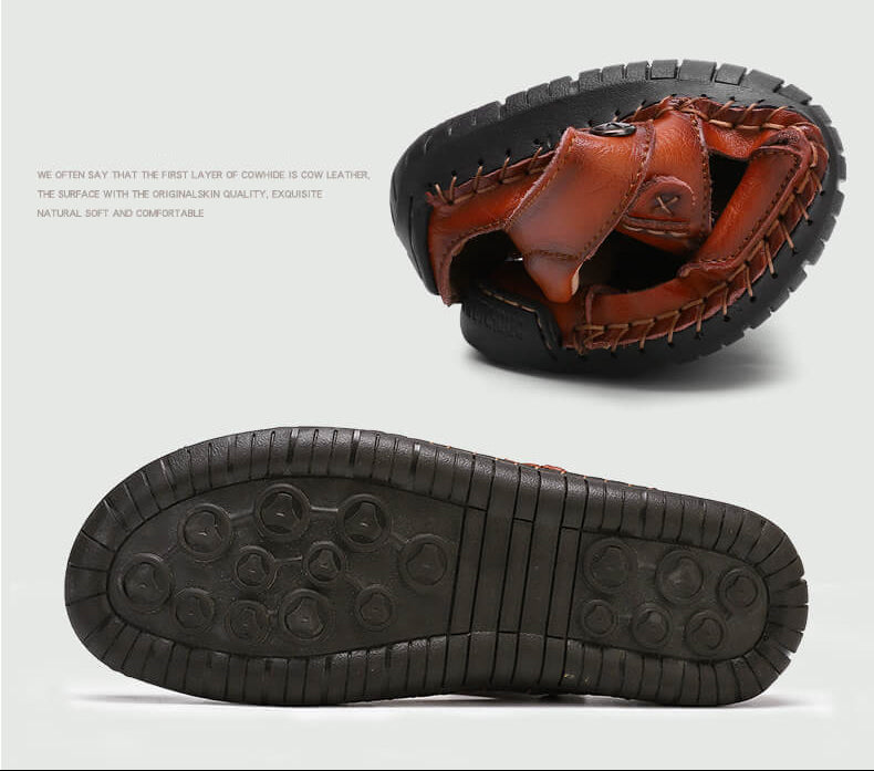 Große Herrensandalen aus weichem Leder mit geschlossener Spitze und handgenähten Nähten