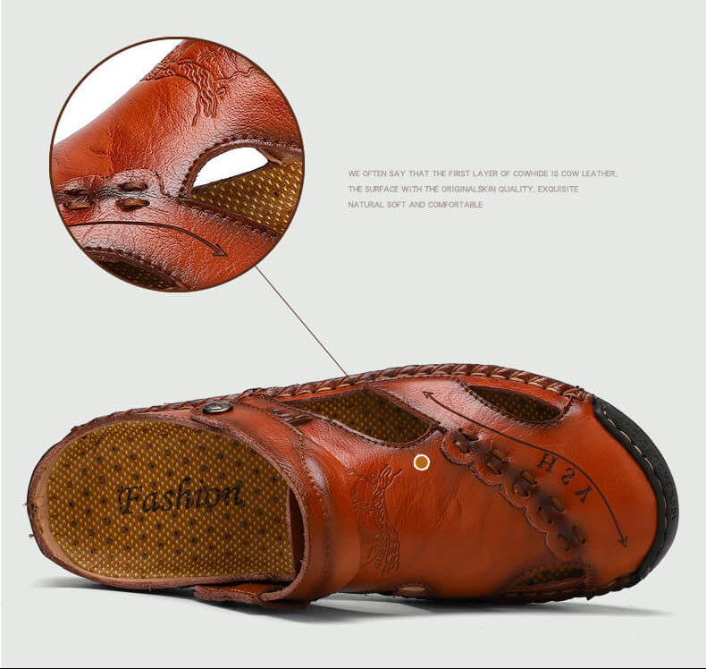 Große Herrensandalen aus weichem Leder mit geschlossener Spitze und handgenähten Nähten