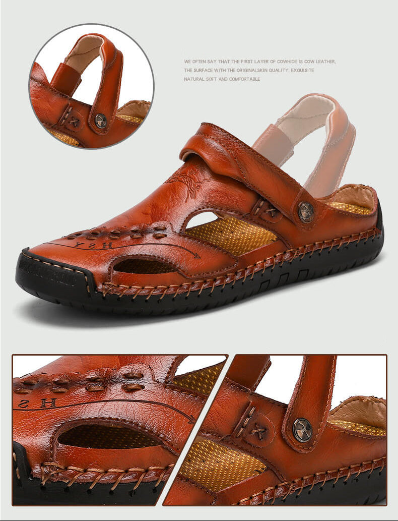 Große Herrensandalen aus weichem Leder mit geschlossener Spitze und handgenähten Nähten