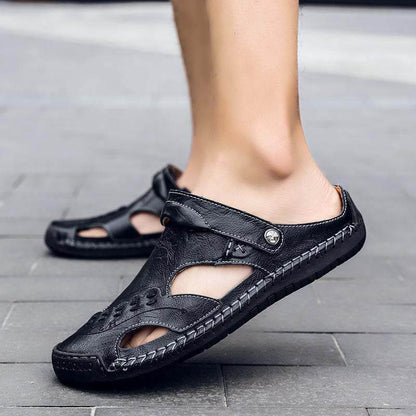 Hombres de gran tamaño para hombres Coser a mano con tibones cerrados cómodos sandalias de cuero suave