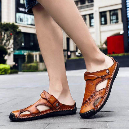 Hombres de gran tamaño para hombres Coser a mano con tibones cerrados cómodos sandalias de cuero suave