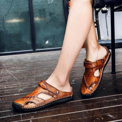 Hombres de gran tamaño para hombres Coser a mano con tibones cerrados cómodos sandalias de cuero suave