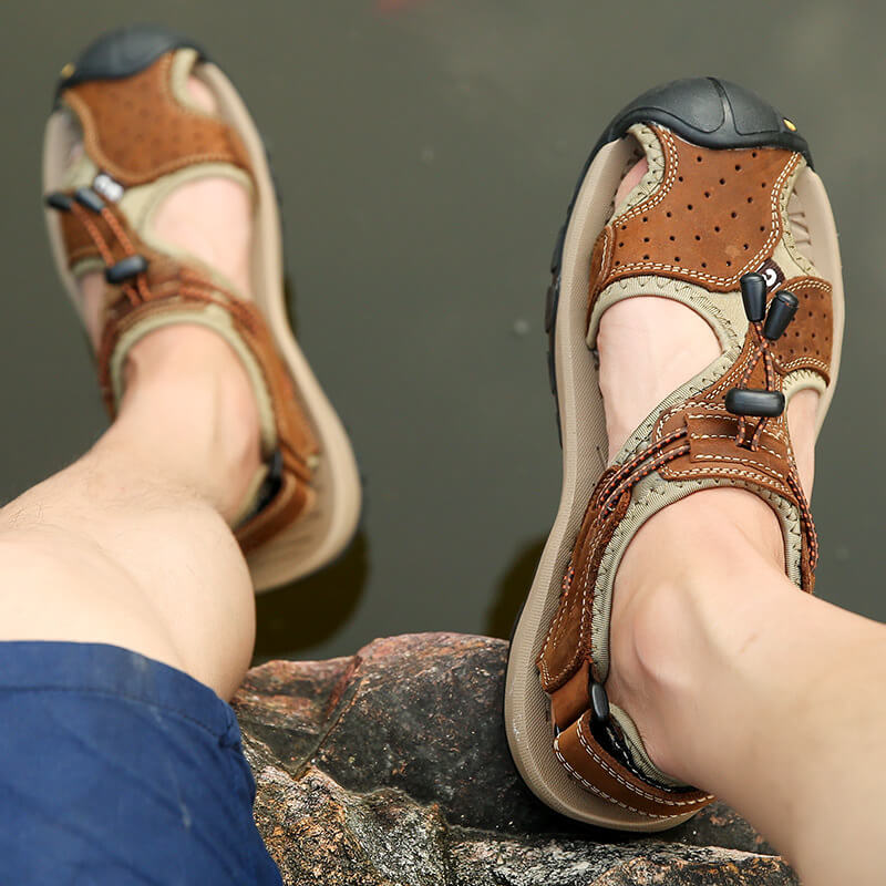 Men Leather Sandals Hiking Hiking Shoes Outdoor Trekking Sandals Breathable Sports Shoes Hook Loop Shoes