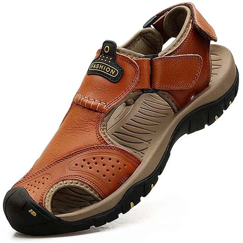 Herrensandalen aus Leder, Outdoor-Wandersandalen, wasserdichte sportliche Sportsandalen, Fischer-Strandschuhe, Wassersandalen mit geschlossener Spitze