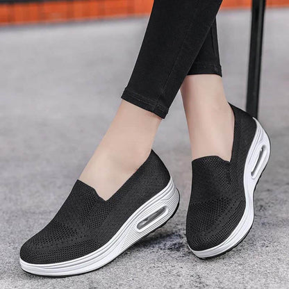 Women Slip-on Thick-soled Height-enhancing Air Cushion Sports Shoes Flying Knit Breathable Casual Shoes