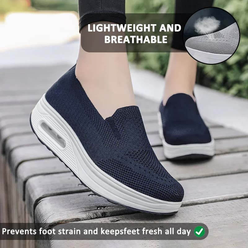 Women Slip-on Thick-soled Height-enhancing Air Cushion Sports Shoes Flying Knit Breathable Casual Shoes