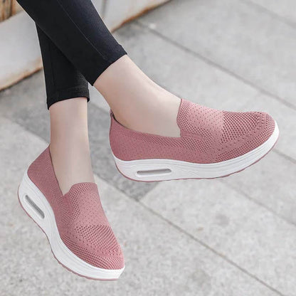 Women Slip-on Thick-soled Height-enhancing Air Cushion Sports Shoes Flying Knit Breathable Casual Shoes