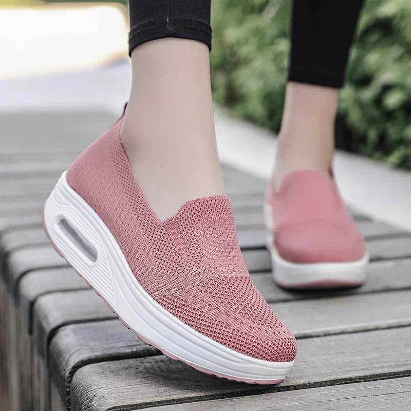 Women Slip-on Thick-soled Height-enhancing Air Cushion Sports Shoes Flying Knit Breathable Casual Shoes