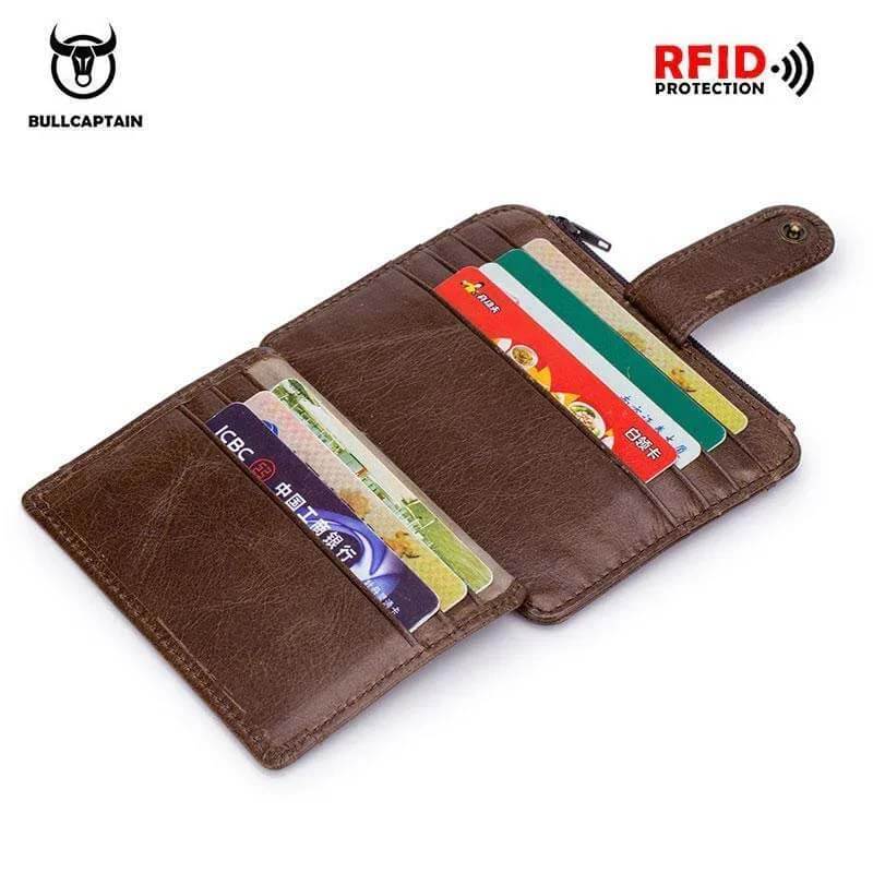 Mero retro billetera de cuero con cremallera con cremallera de cuero billetera corta titular de la tarjeta Cartera RFID billetera