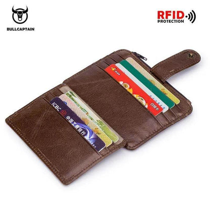 Mero retro billetera de cuero con cremallera con cremallera de cuero billetera corta titular de la tarjeta Cartera RFID billetera