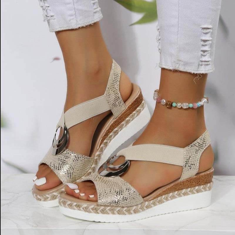 Women's Metal Buckle Hemp Rope Wedge Heel Beach Sandals Peep-toe Shoes