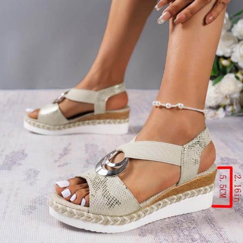 Women's Metal Buckle Hemp Rope Wedge Heel Beach Sandals Peep-toe Shoes