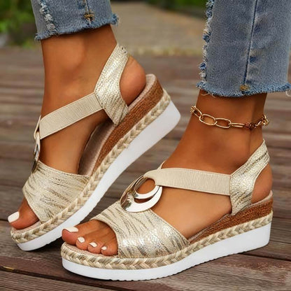 Women's Metal Buckle Hemp Rope Wedge Heel Beach Sandals Peep-toe Shoes
