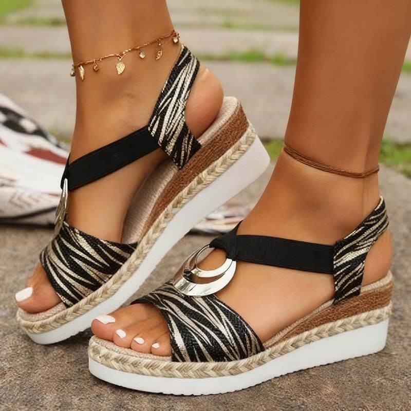 Women's Metal Buckle Hemp Rope Wedge Heel Beach Sandals Peep-toe Shoes