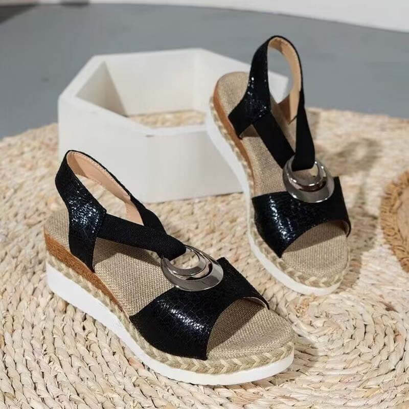 Women's Metal Buckle Hemp Rope Wedge Heel Beach Sandals Peep-toe Shoes
