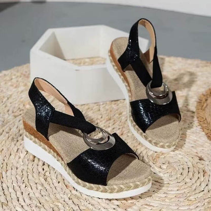 Women's Metal Buckle Hemp Rope Wedge Heel Beach Sandals Peep-toe Shoes