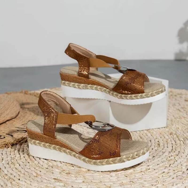 Women's Metal Buckle Hemp Rope Wedge Heel Beach Sandals Peep-toe Shoes