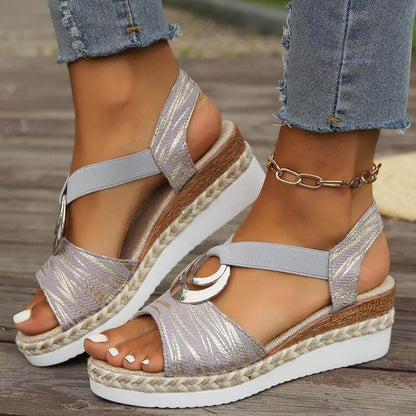 Women's Metal Buckle Hemp Rope Wedge Heel Beach Sandals Peep-toe Shoes