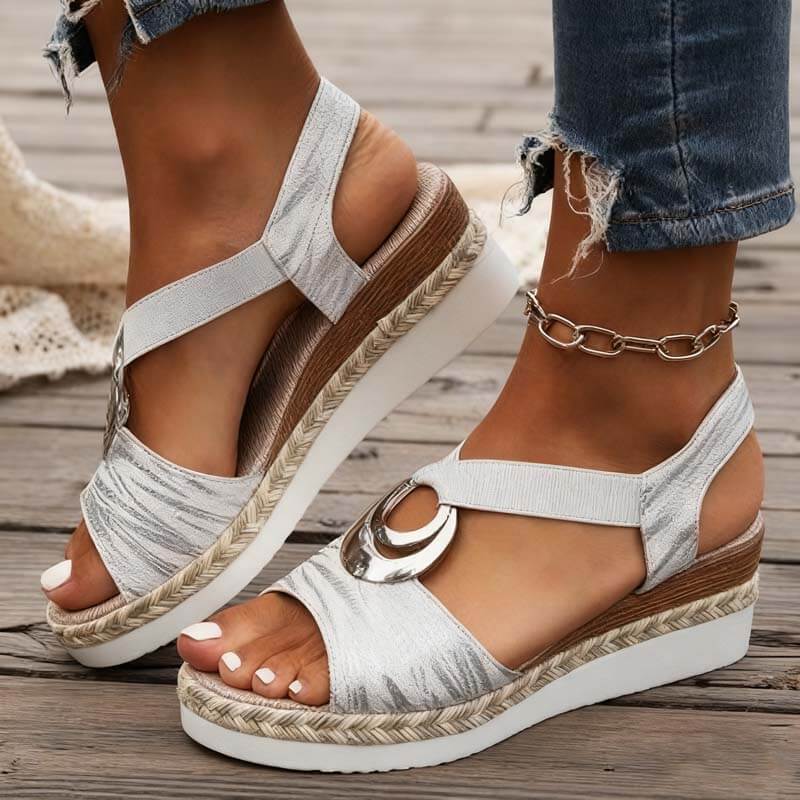 Women's Metal Buckle Hemp Rope Wedge Heel Beach Sandals Peep-toe Shoes