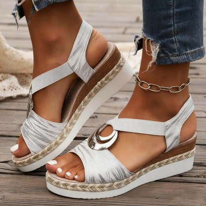 Women's Metal Buckle Hemp Rope Wedge Heel Beach Sandals Peep-toe Shoes