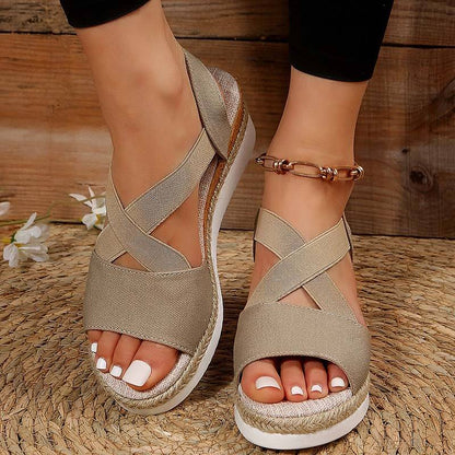 Women Summer Elastic Band Wedge Heel Thick Bottom Sandals Peep-toe Shoes