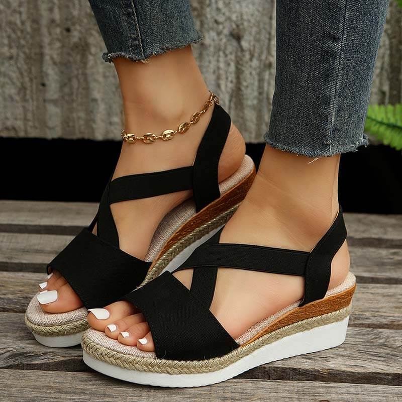 Women Summer Elastic Band Wedge Heel Thick Bottom Sandals Peep-toe Shoes