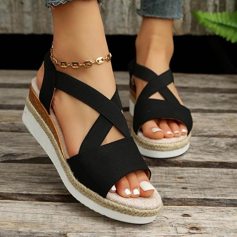 Women Summer Elastic Band Wedge Heel Thick Bottom Sandals Peep-toe Shoes