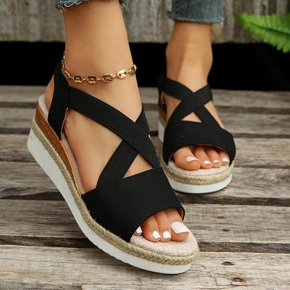 Women Summer Elastic Band Wedge Heel Thick Bottom Sandals Peep-toe Shoes