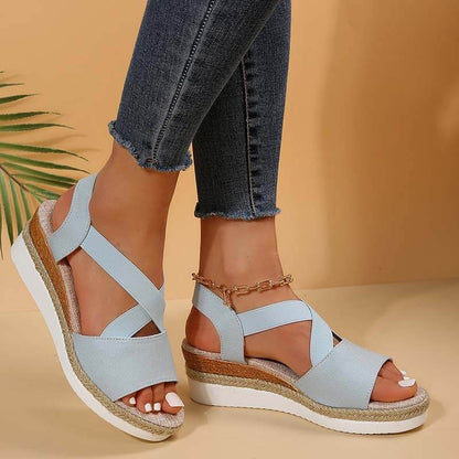 Women Summer Elastic Band Wedge Heel Thick Bottom Sandals Peep-toe Shoes
