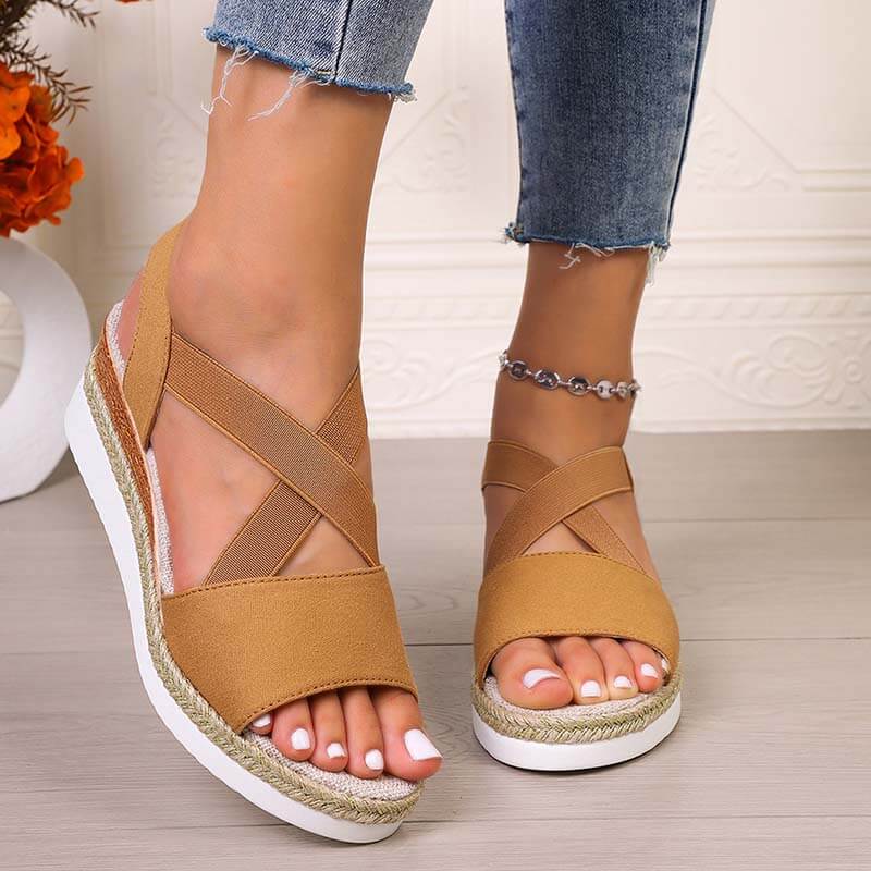 Women Summer Elastic Band Wedge Heel Thick Bottom Sandals Peep-toe Shoes