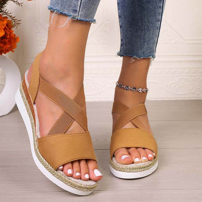 Women Summer Elastic Band Wedge Heel Thick Bottom Sandals Peep-toe Shoes