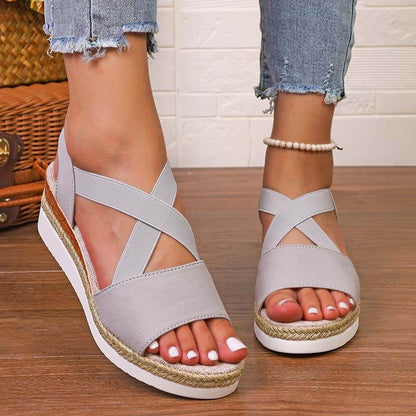 Women Summer Elastic Band Wedge Heel Thick Bottom Sandals Peep-toe Shoes